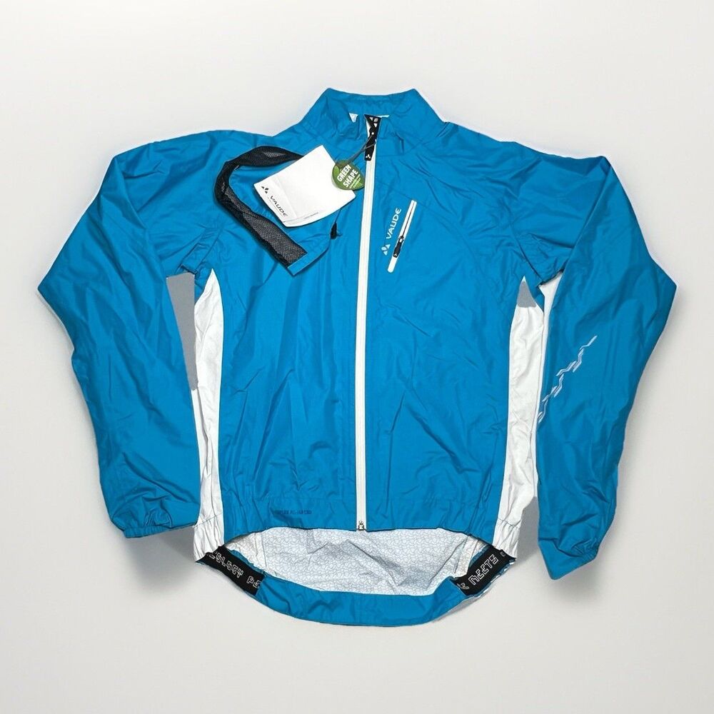 VAUDE WO SPRAY IV TEAL BLUE ZIP POCKET  CYCLING RAIN JACKET, WOMEN SIZE EU40 / M